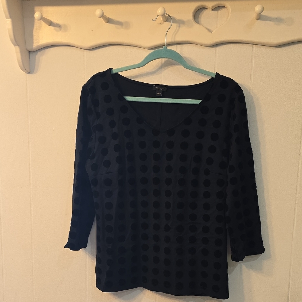 Ann Taylor black velvet polka dot top with 3/4 sleeves